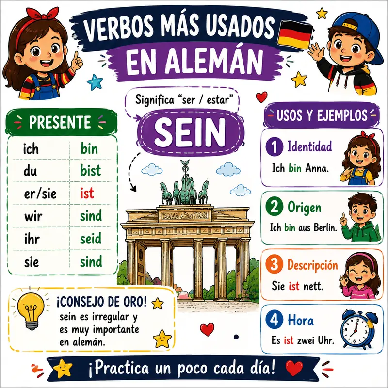 Mapa mental ilustrado de alemán sobre Verbo Sein
