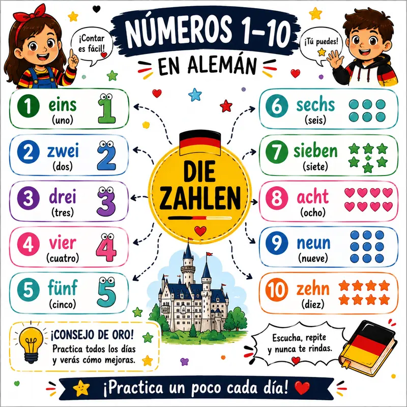 Mapa mental ilustrado de alemán sobre Números 1-10