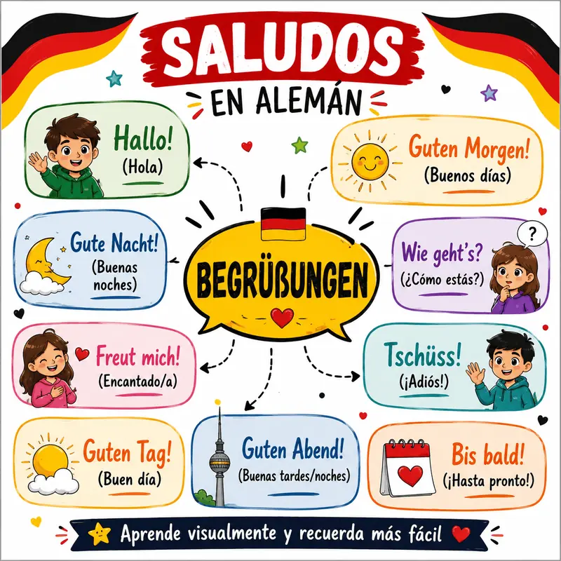 Mapa mental ilustrado de alemán sobre Saludos