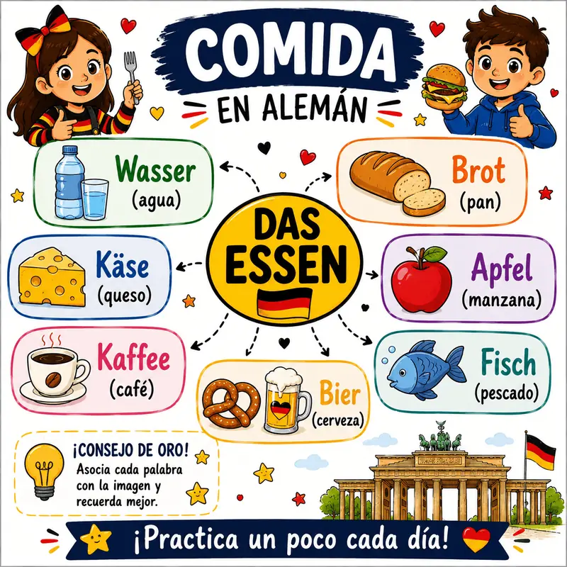 Mapa mental ilustrado de alemán sobre Comida